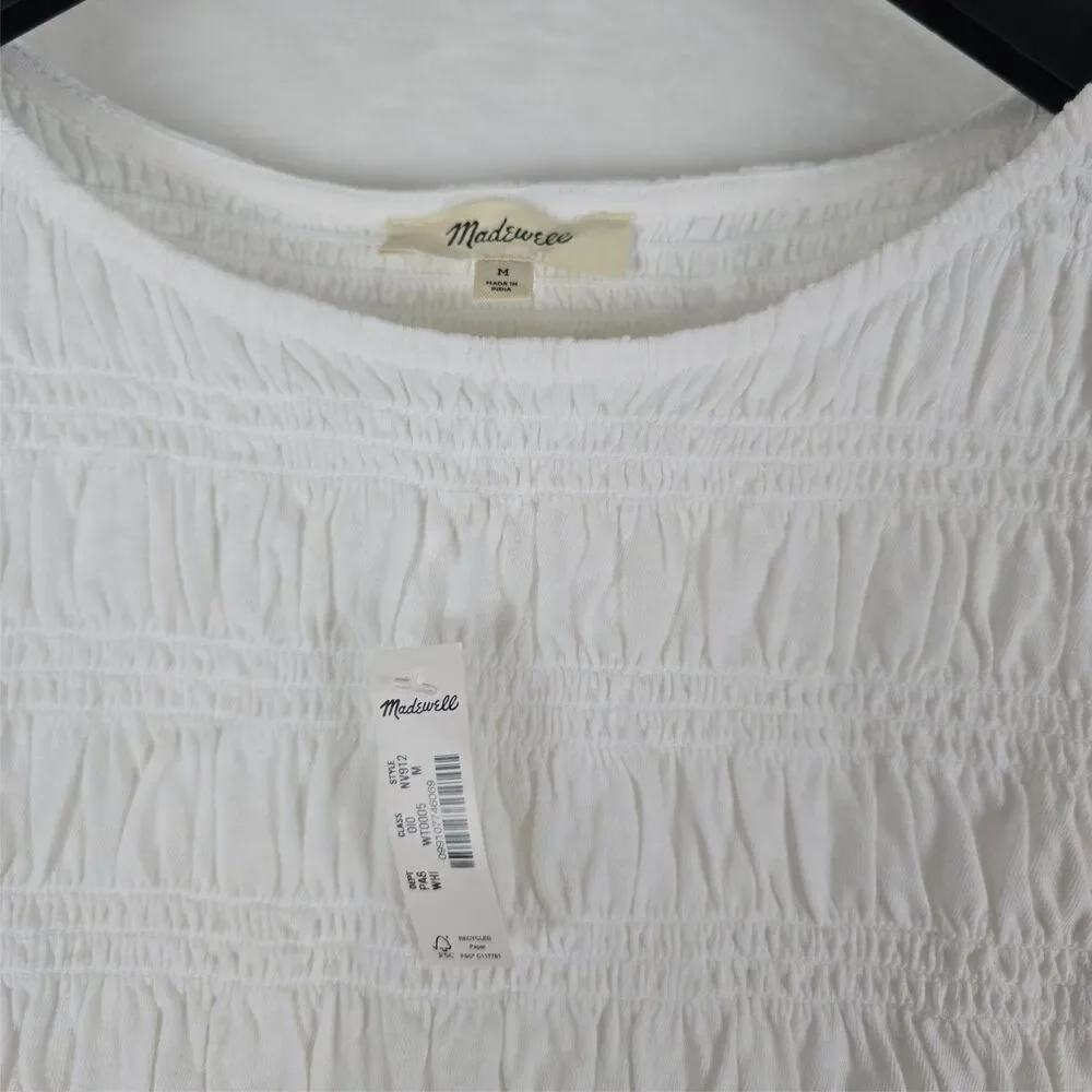 Madewell Smocked Boatneck Tank Top Women White Cotton-Linen Blend Size Med - Picture 6 of 11